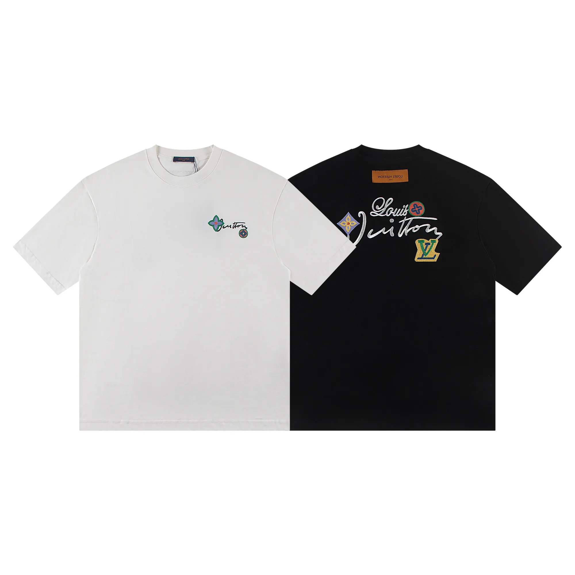 🅿️170 louis vuitto*2026 latest short-sleeved T-shirt patch embroidery Material: high version 300g double yarn combed cotton Size: S M L XL Color: black and white Style number: W2636